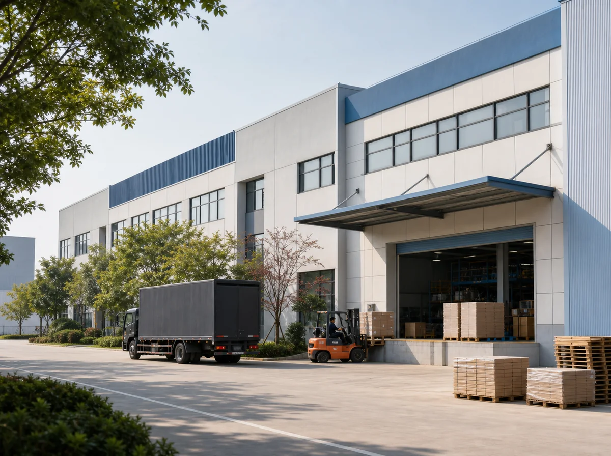 Modern active factory with a loading truck, forklift and pallets in clear morning light