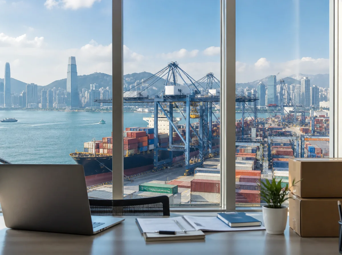 Hong Kong container port and city skyline viewed from a contemporary sourcing office