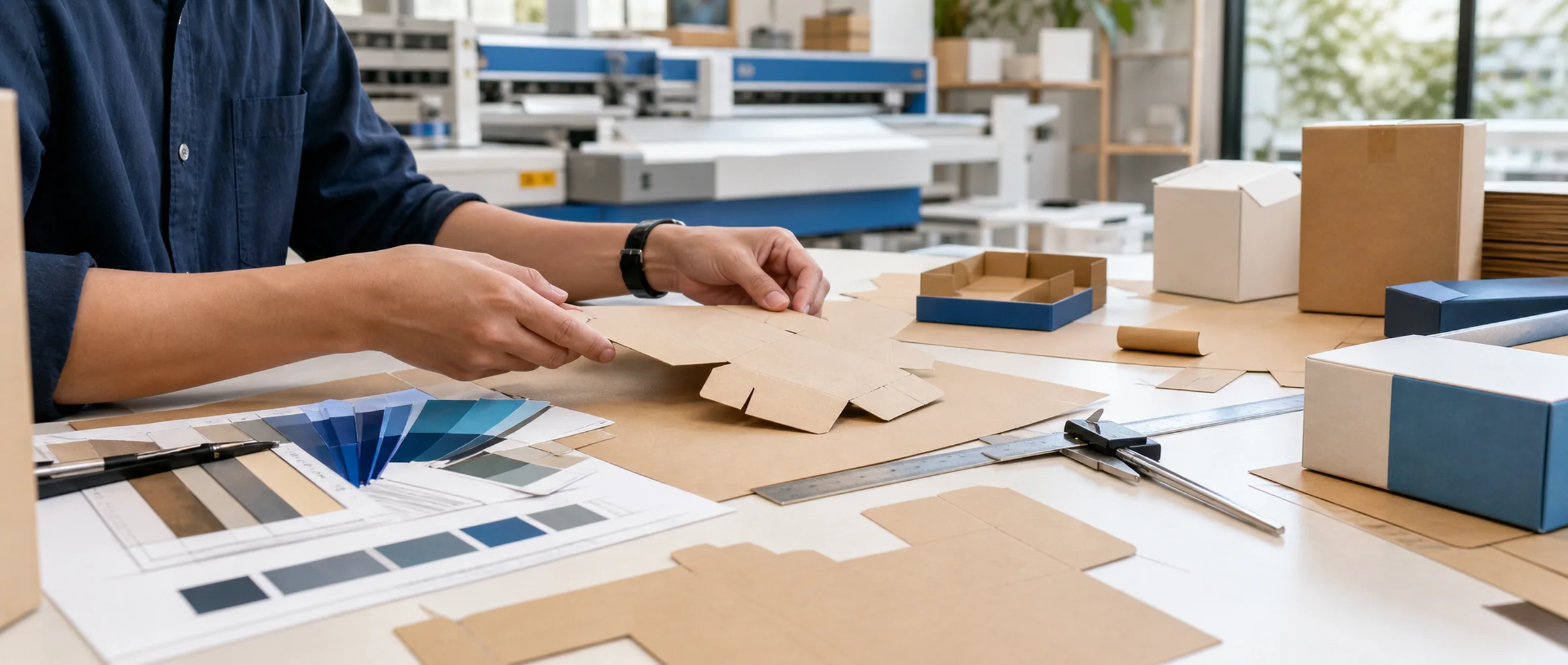 Specialist checking folds on die-cut carton blanks at a packaging-engineering table