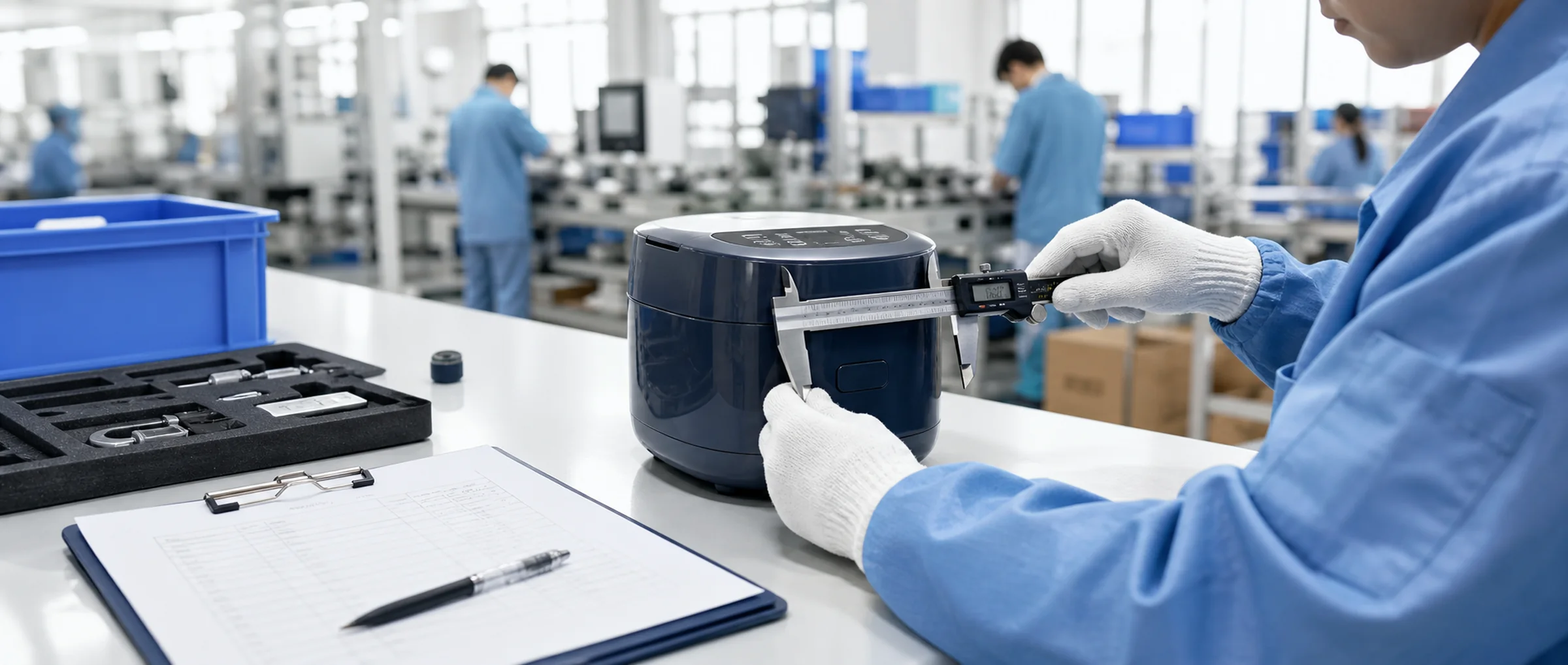 Gloved inspector measuring a compact product sample on a bright factory quality bench