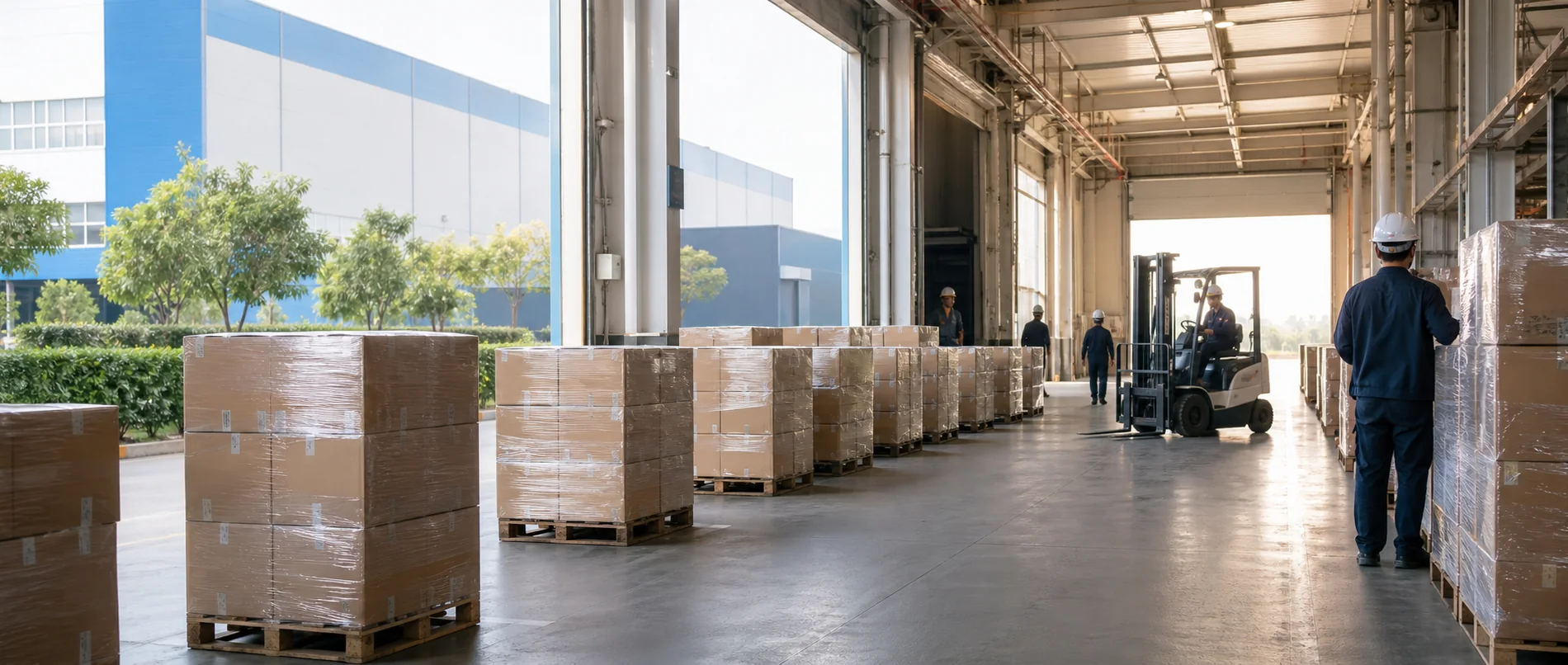 Palletized export cartons moving through a bright organized loading bay