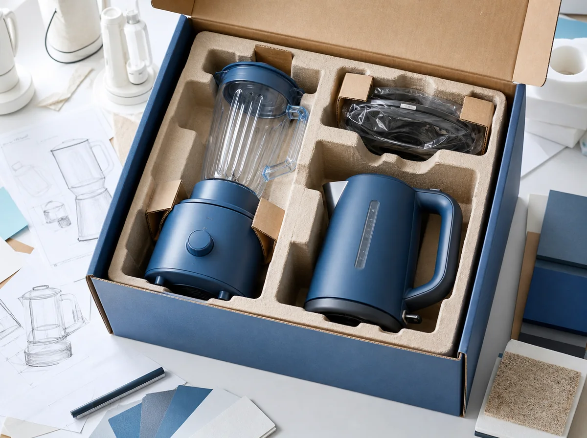 Open protective package for a blender and kettle with molded-pulp inserts