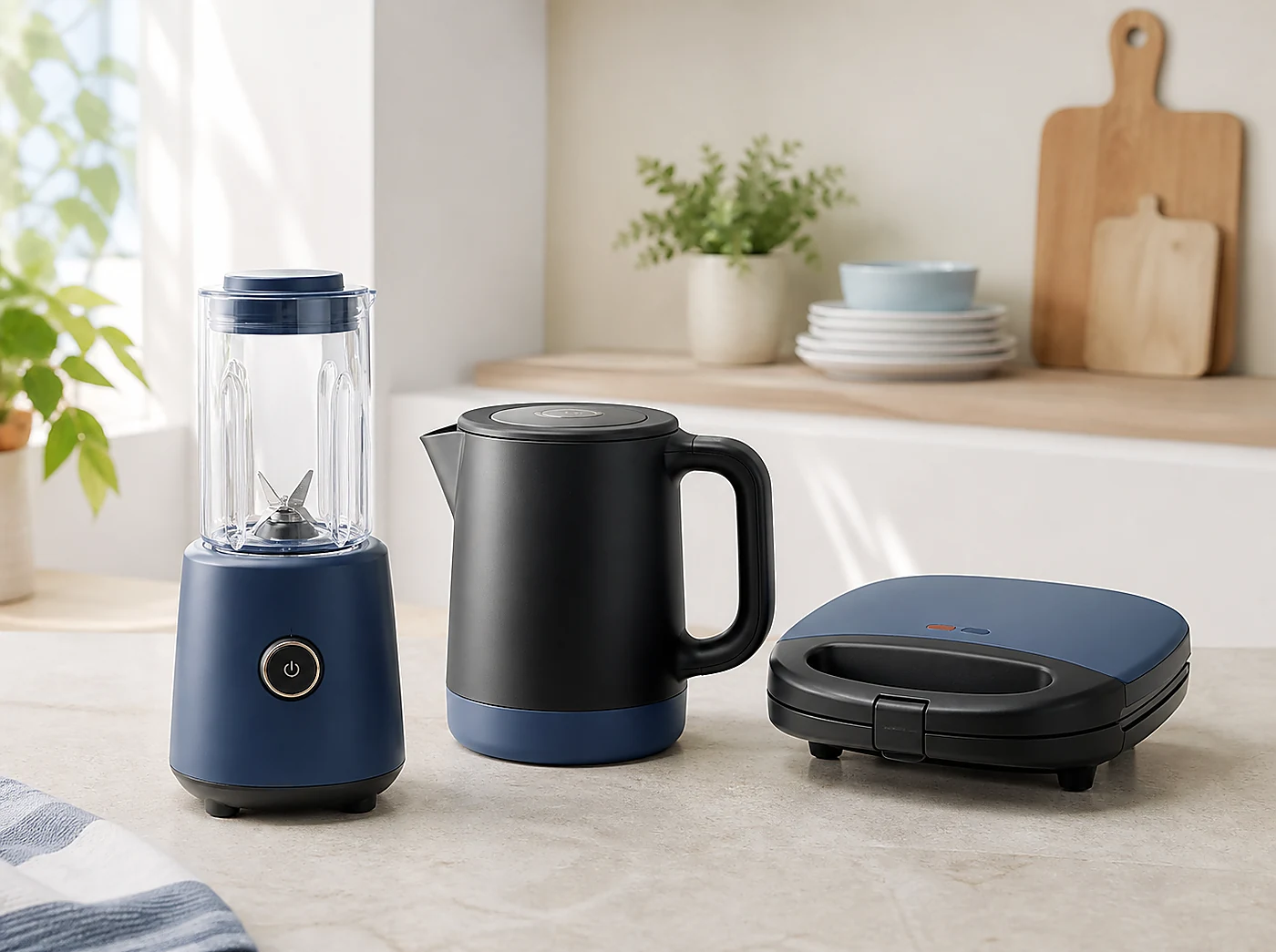 Compact blender, electric kettle and sandwich press in a bright contemporary kitchen setting