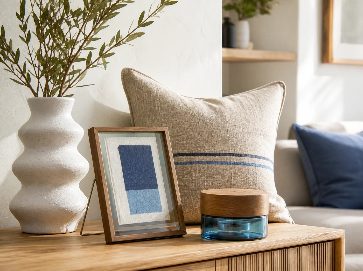 Ceramic vase, linen cushion, small frame and decorative objects in a warm sunlit interior