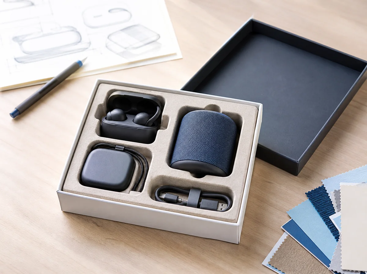 Open premium package for earbuds, a speaker and charging accessories in a molded insert