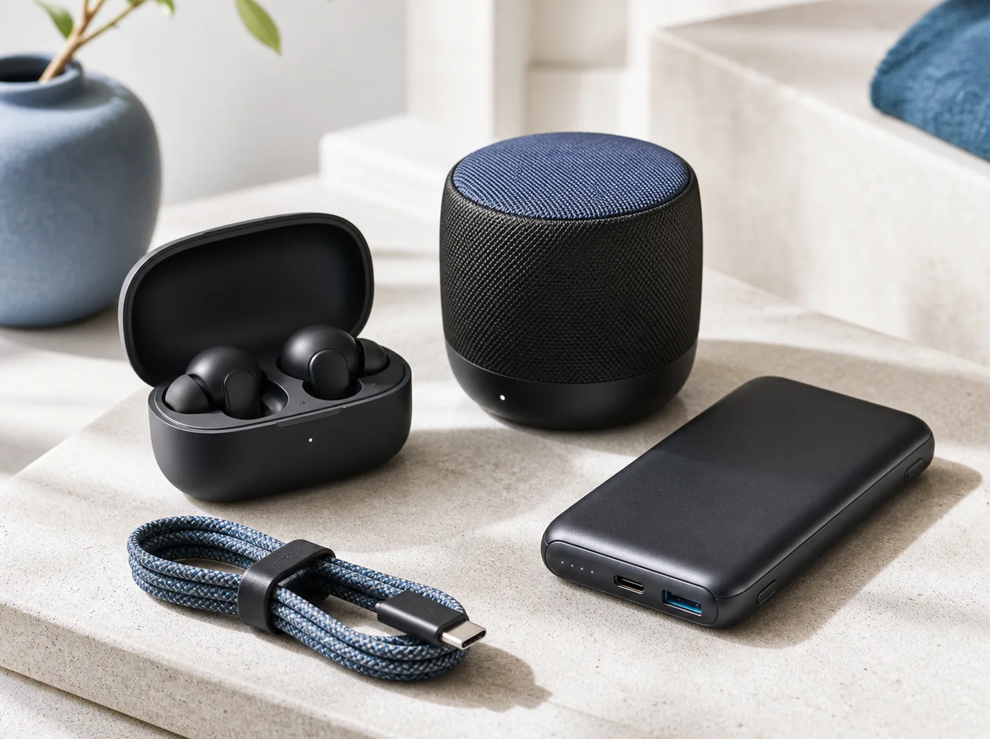 Wireless earbuds, compact speaker, power bank and braided cable on a light stone surface