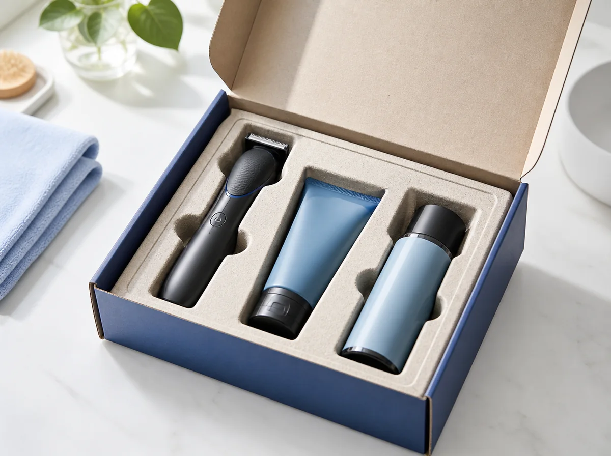 Open recyclable package holding a grooming tool and personal-care containers in fitted inserts