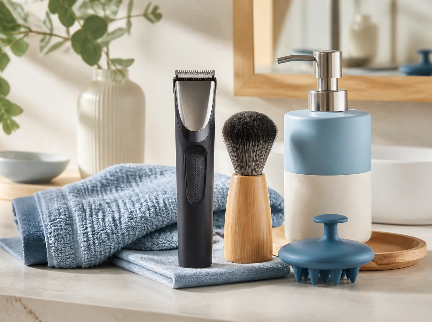 Electric trimmer, grooming brush, pump bottle and massage tool on a warm bathroom surface