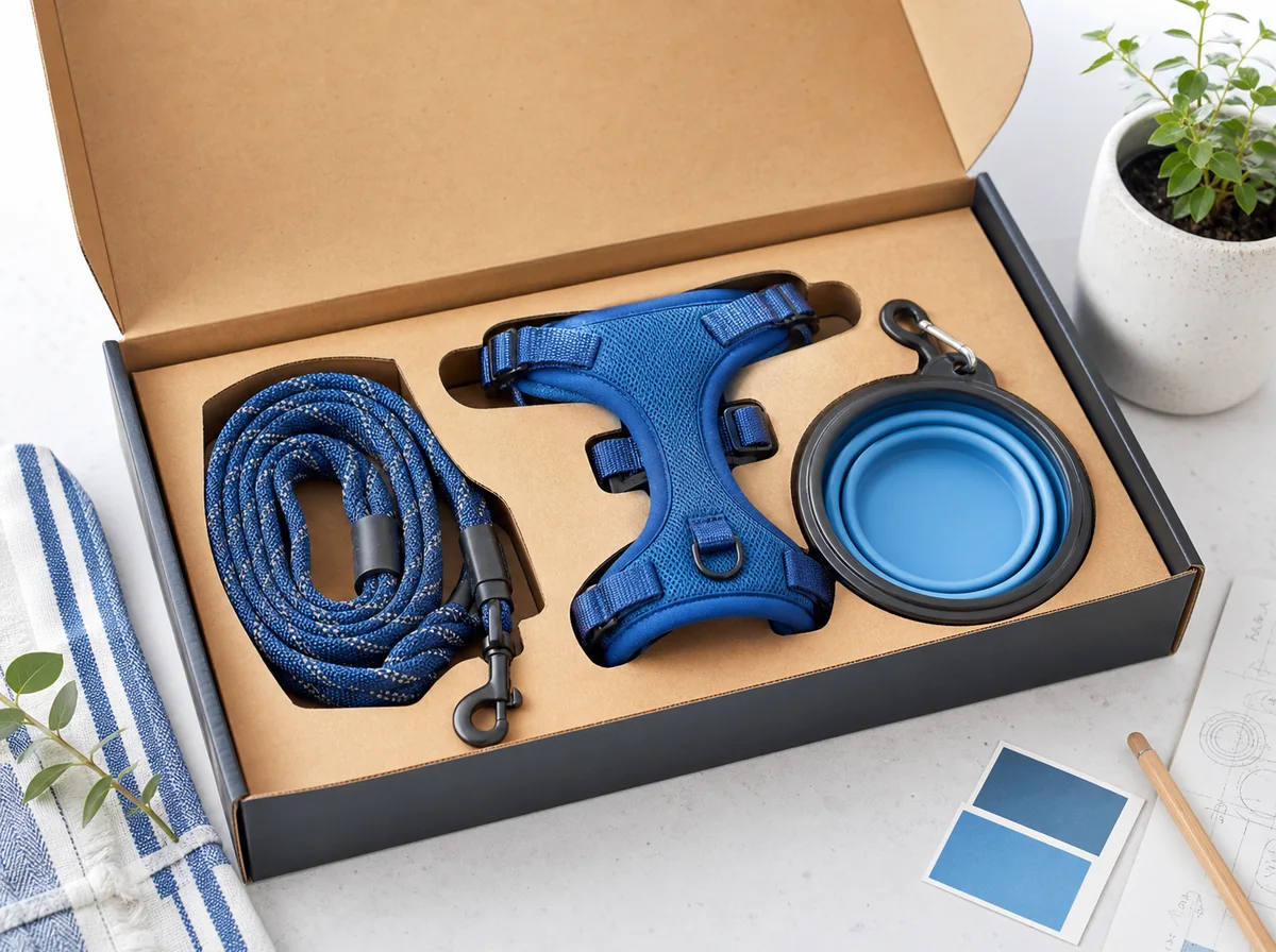 Open pet walking-set package with leash, harness and collapsible bowl in fitted kraft inserts