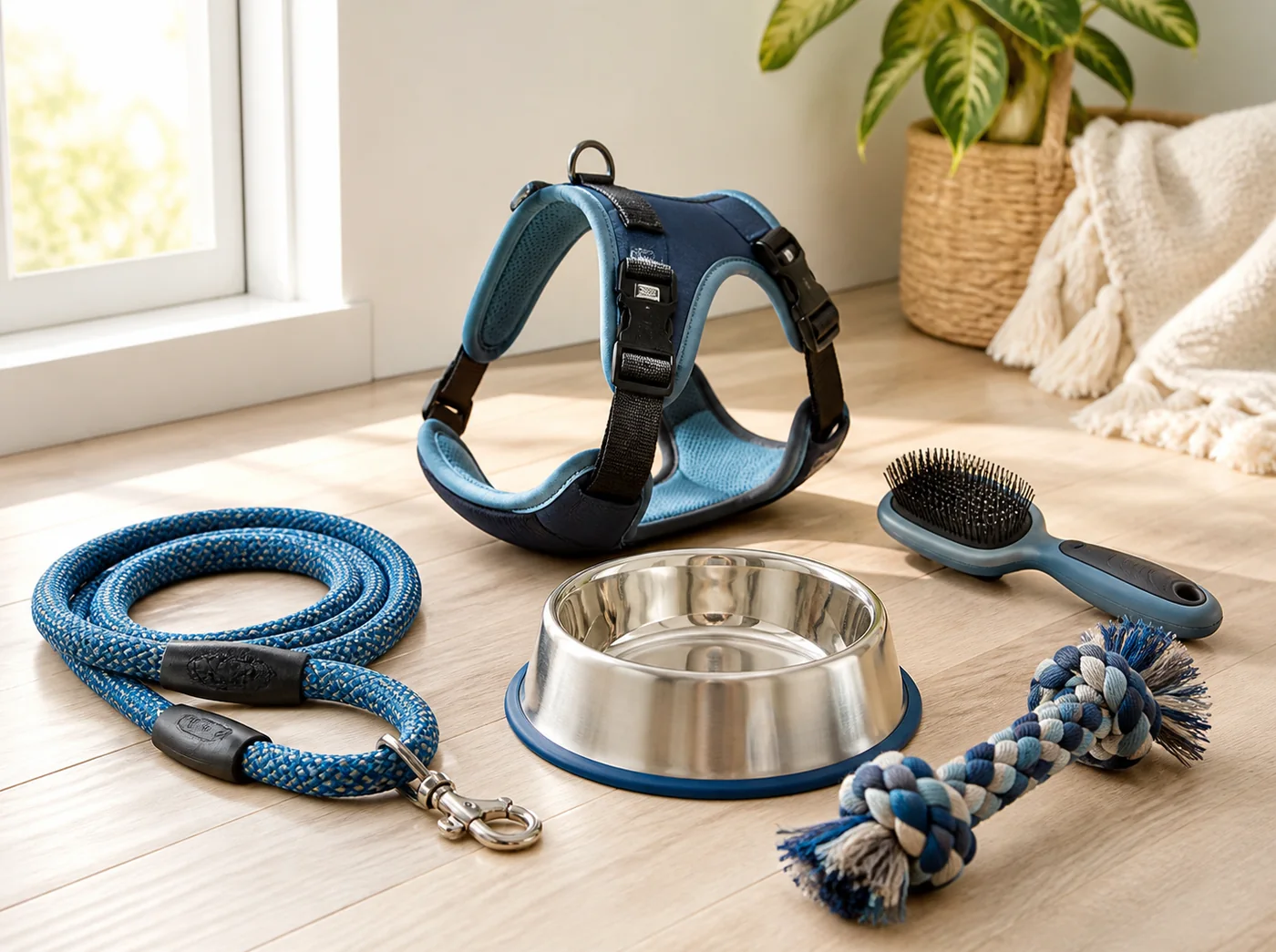 Woven leash, harness, stainless bowl, grooming brush and rope toy in a bright home setting