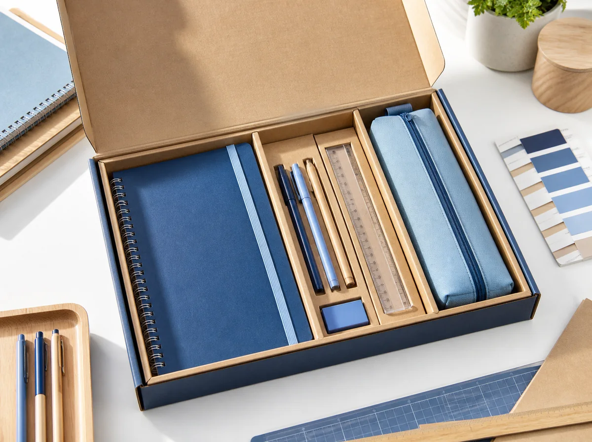Open stationery-kit package with notebooks, pens, ruler and pencil case in board compartments