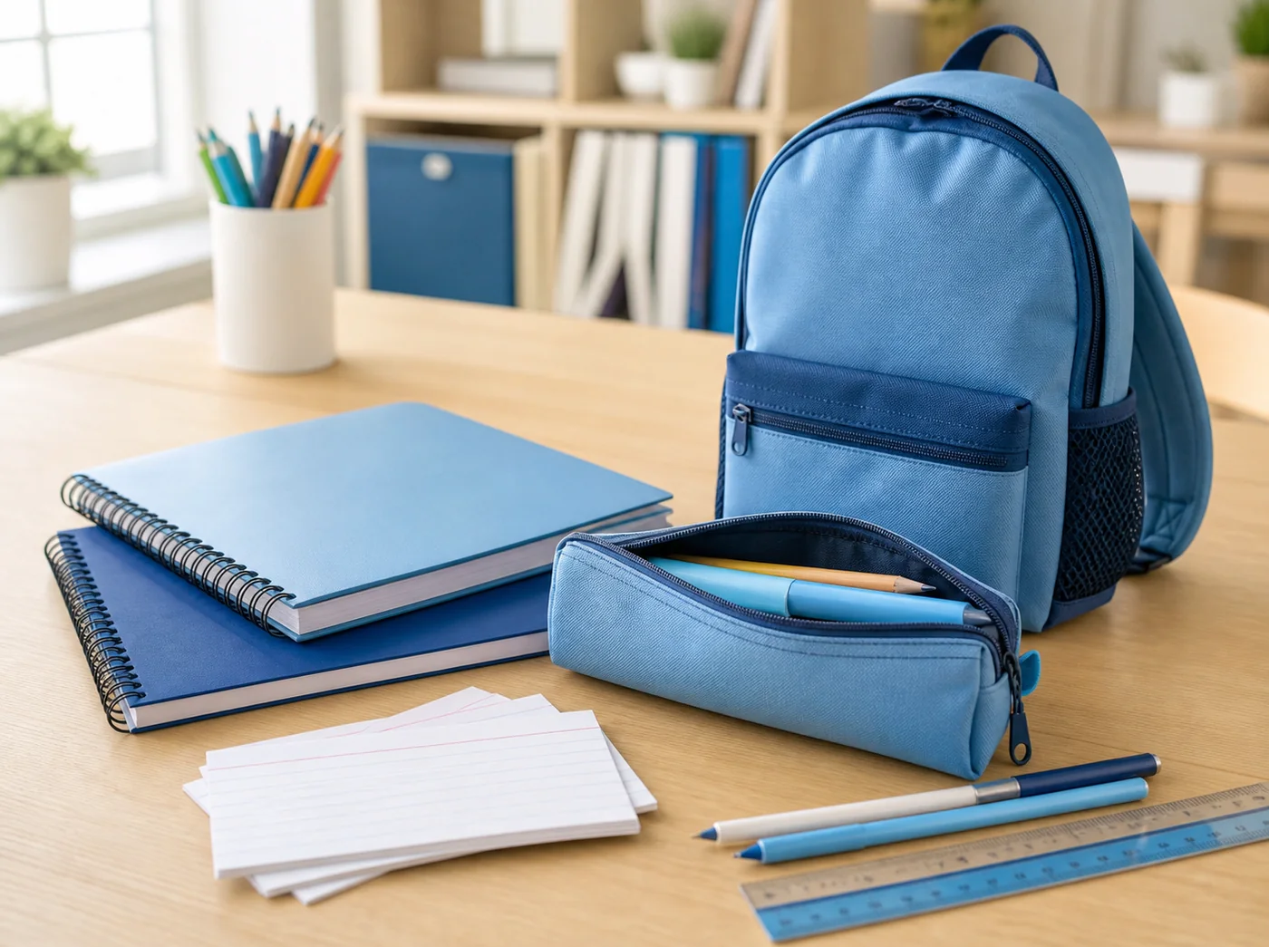 Backpack, notebooks, pencil case and school supplies on a bright study table