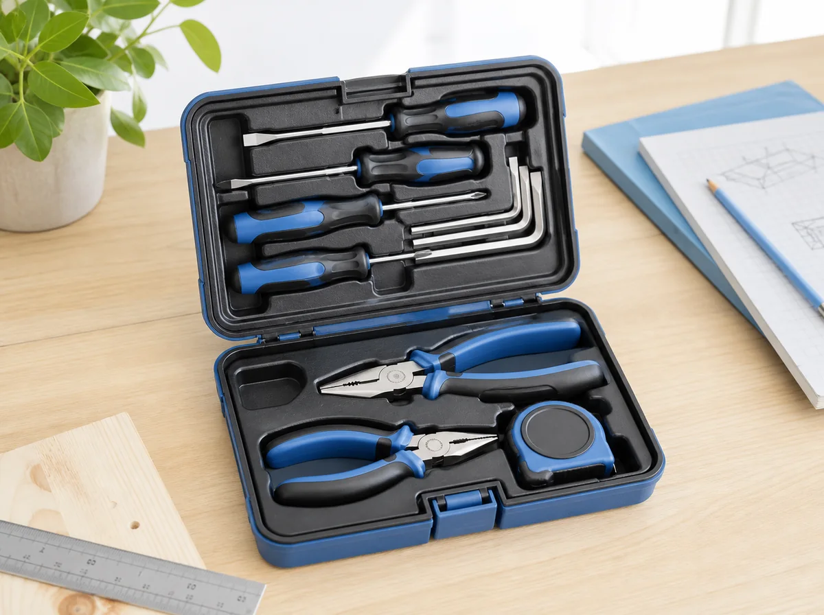 Open compact tool case with pliers, screwdrivers, hex keys and tape measure in a fitted insert