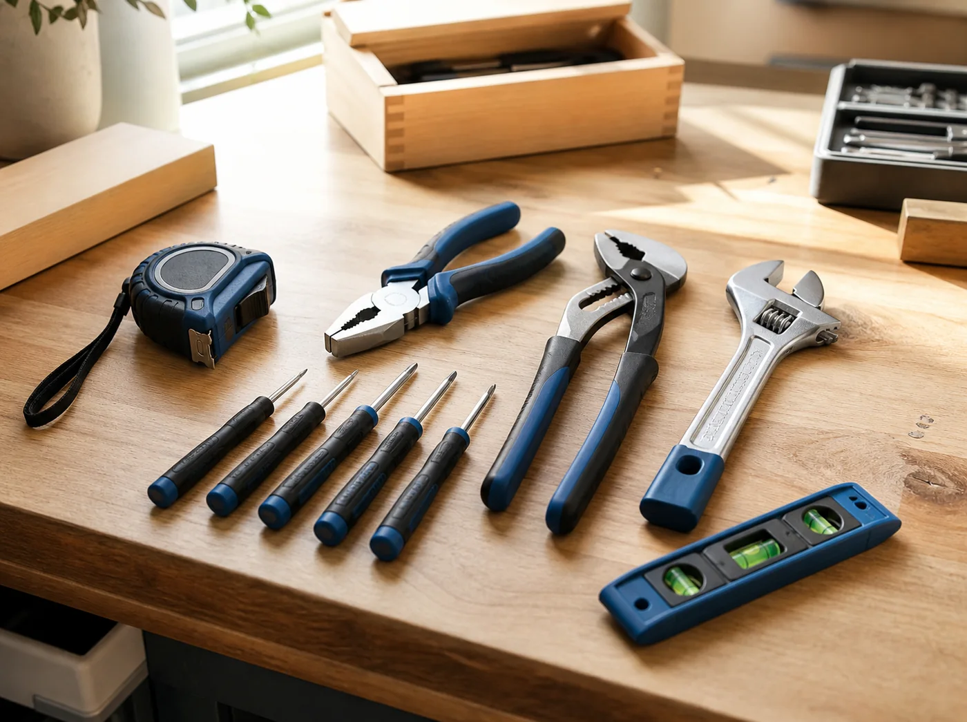 Screwdrivers, pliers, wrench, measuring tape and spirit level arranged on a clean wood bench