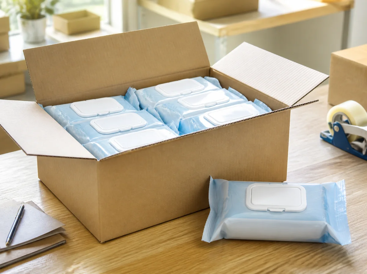 Open export carton with wipe soft packs and a retail pack with a resealable lid