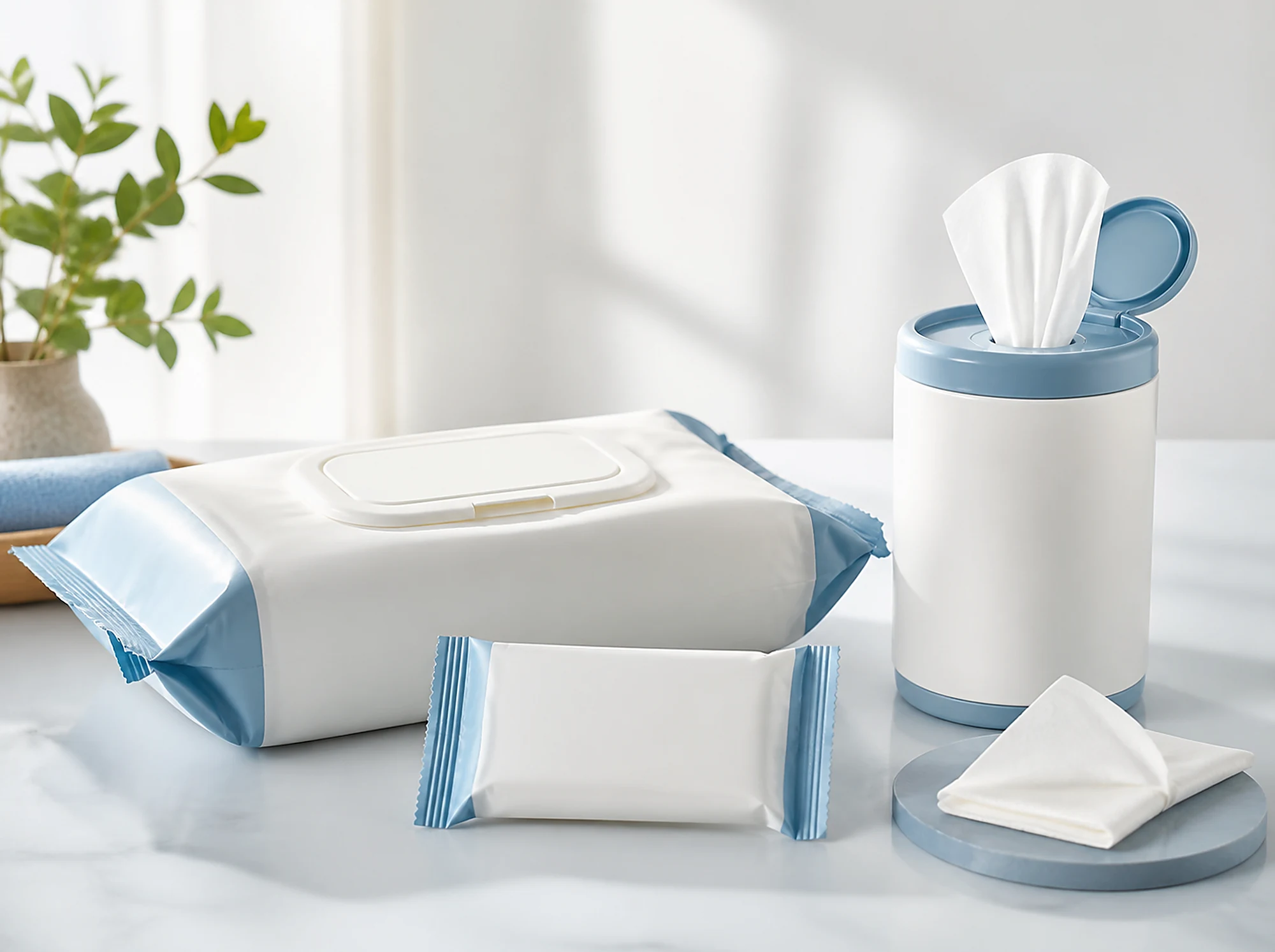 Family-size wet wipe pack, travel pack, canister and folded wipe in a bright hygienic studio