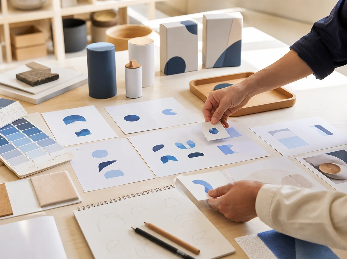 Hands reviewing abstract brand studies, packaging colors and material swatches on a design table
