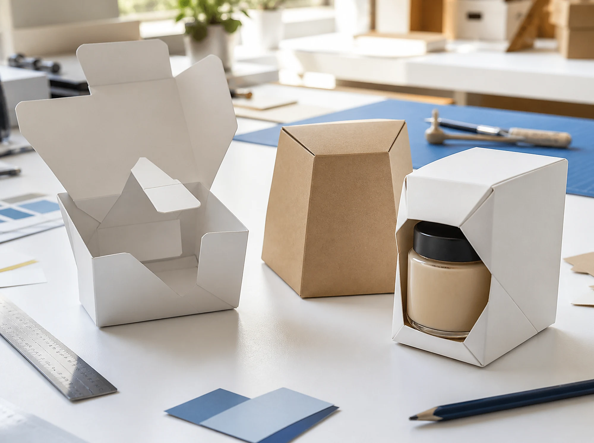 Three folding-carton prototypes showing different structures, tabs and an enclosed product