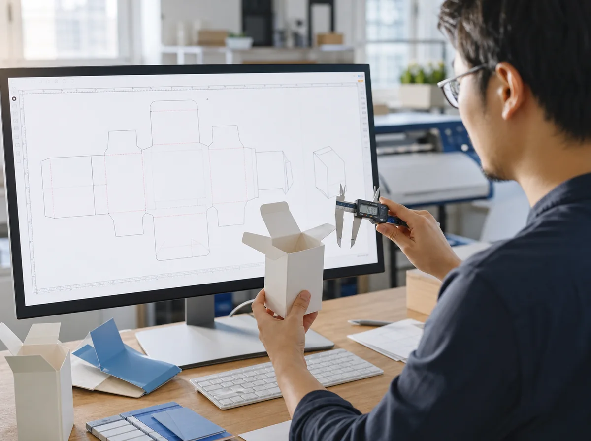 Designer comparing a folding-carton dieline on screen with a physical white sample