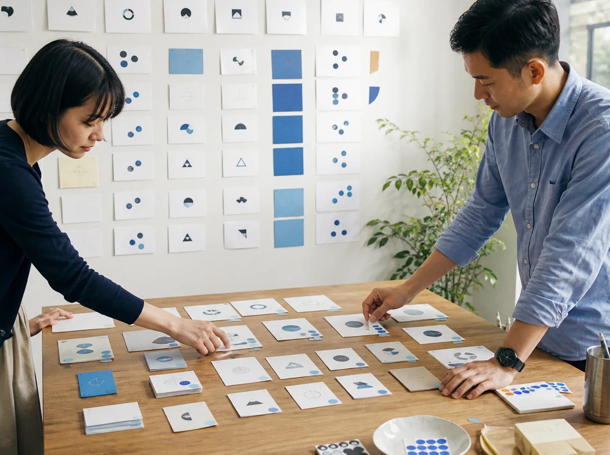 Two people arranging abstract naming cards into concept groups in a bright studio
