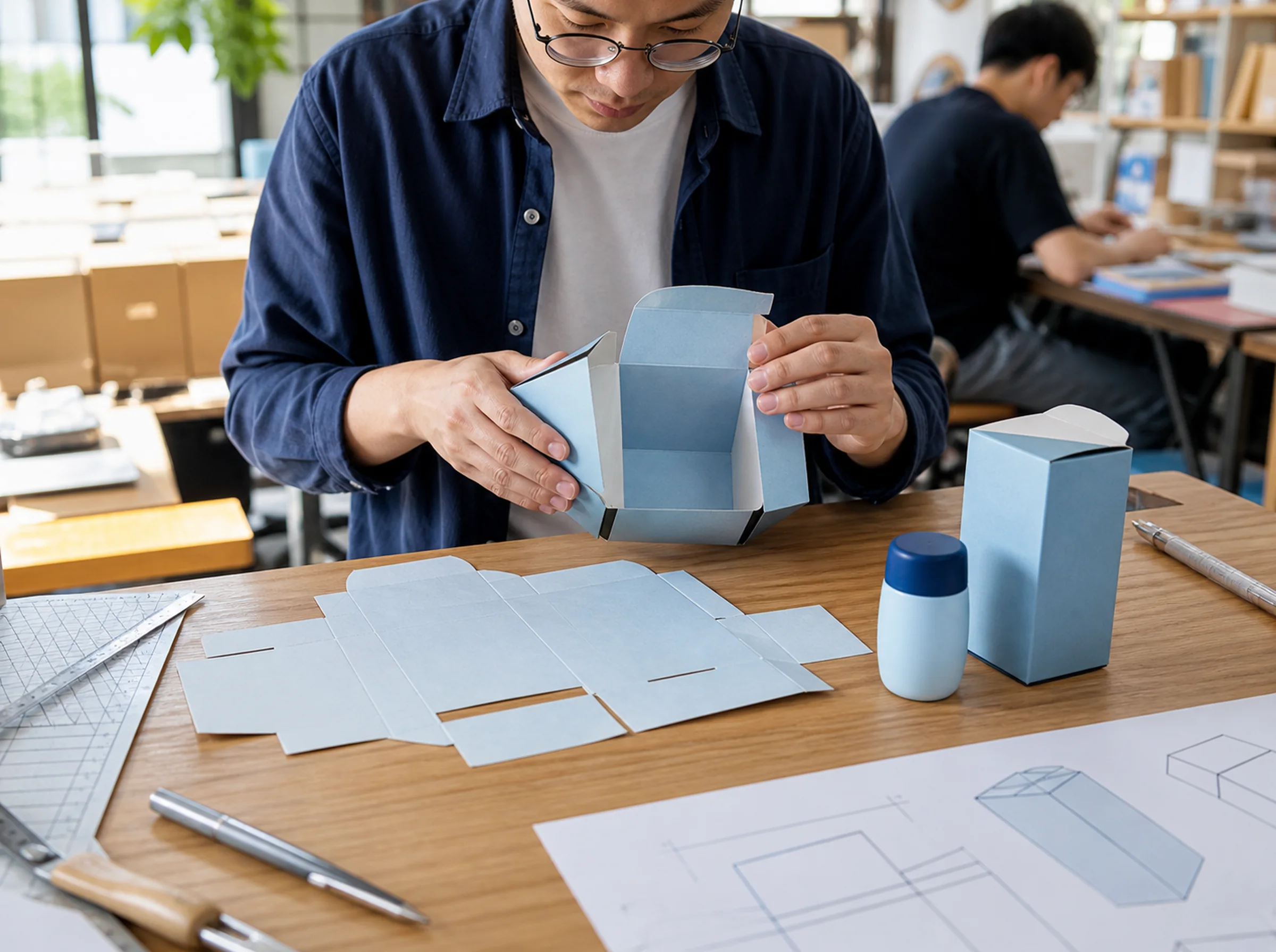 Specialist assembling and checking a first carton sample beside its flat dieline
