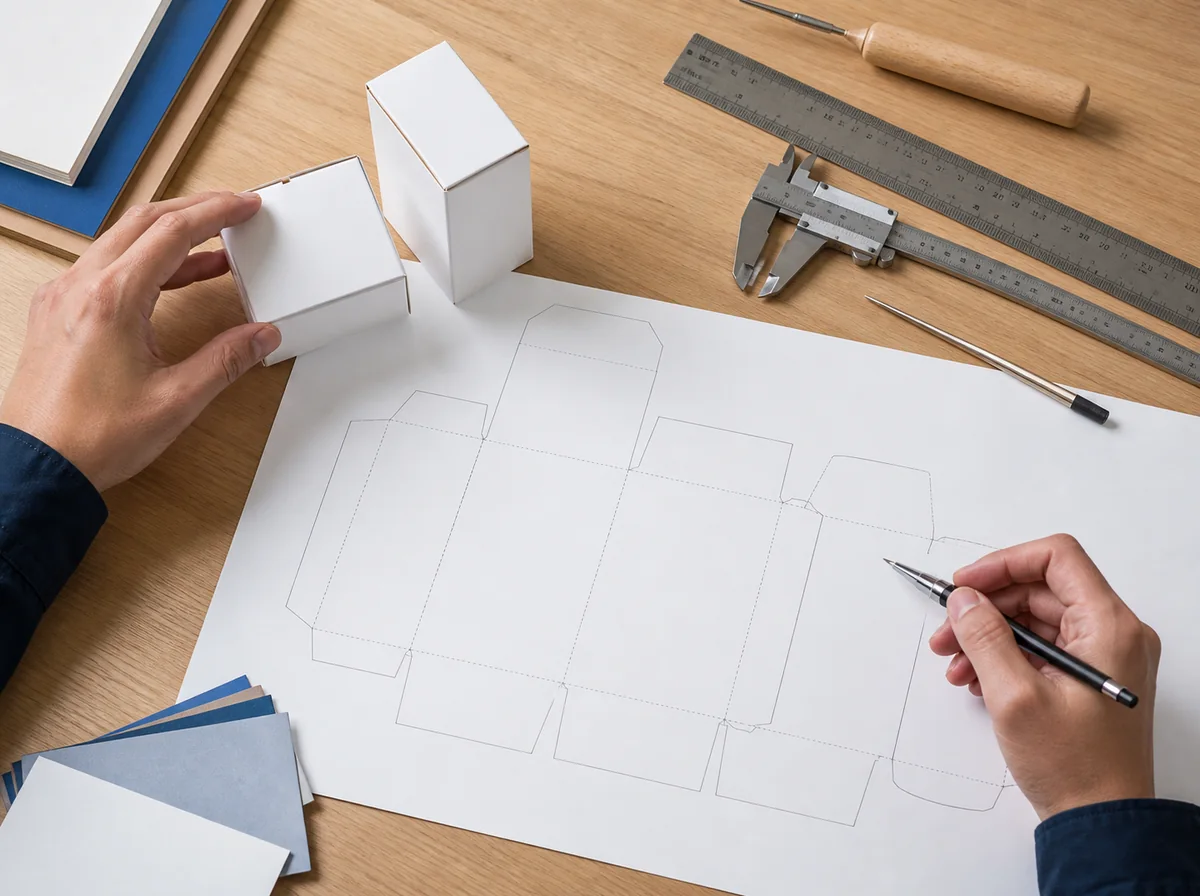 Dieline sheet, caliper, ruler and white carton mockups on a bright packaging table