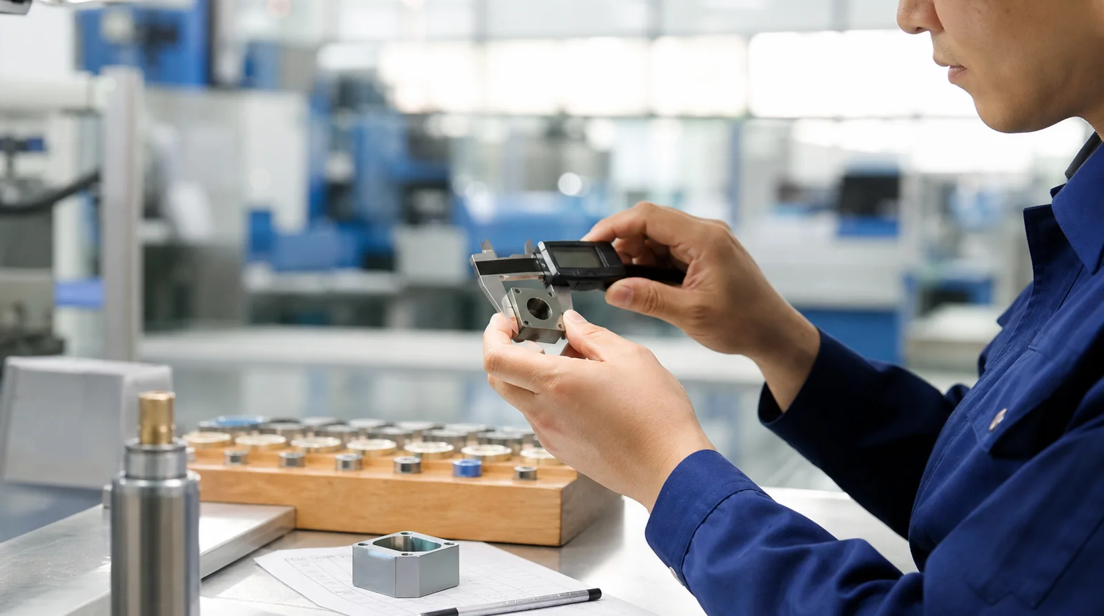 Quality specialist measuring a compact component with a digital caliper at a bright inspection station