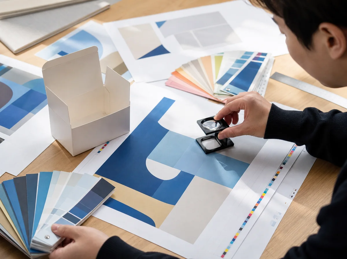Specialist comparing a color proof with a blank carton, swatches and prepress tools