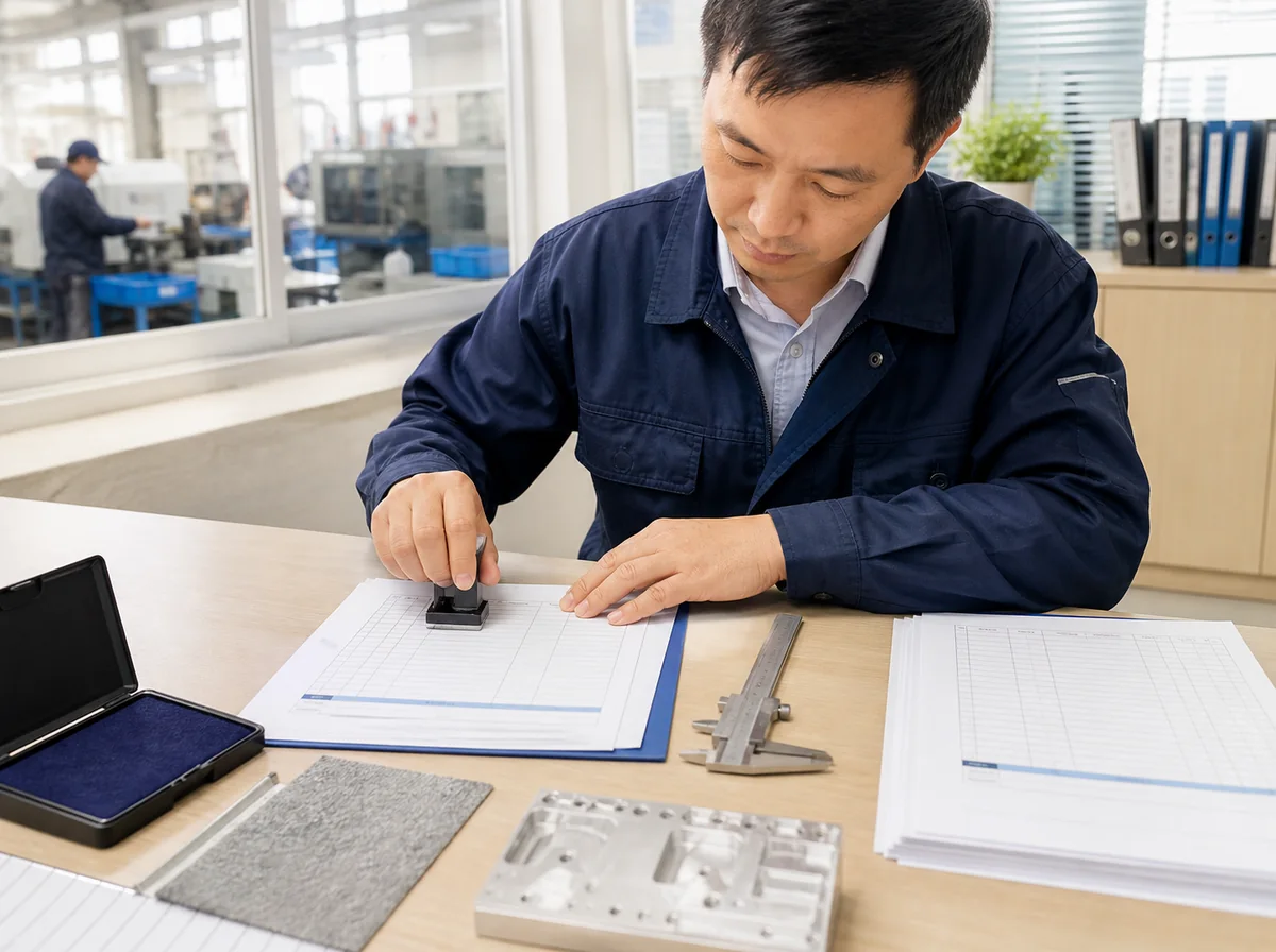 Specialist verifying organized supplier documents beside a material sample and caliper
