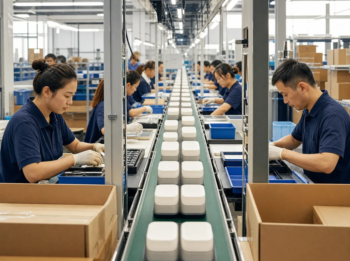 Clean assembly and packing line operating under human supervision in an Asian factory