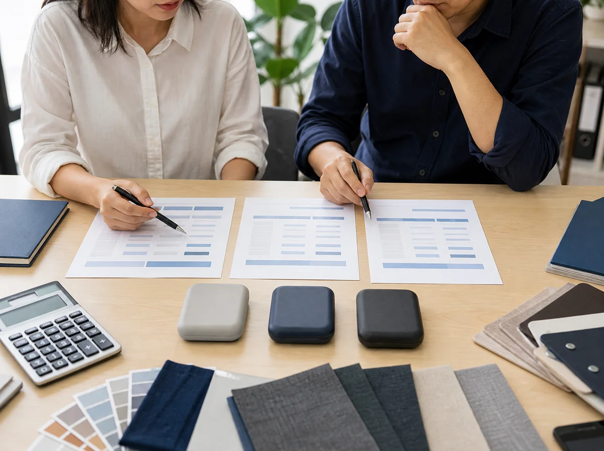 Three compact samples compared with material options, calculator and quotation sheets