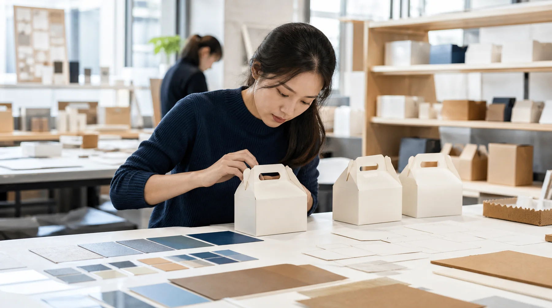 Packaging designer refining a physical prototype beside dielines, swatches and sample iterations