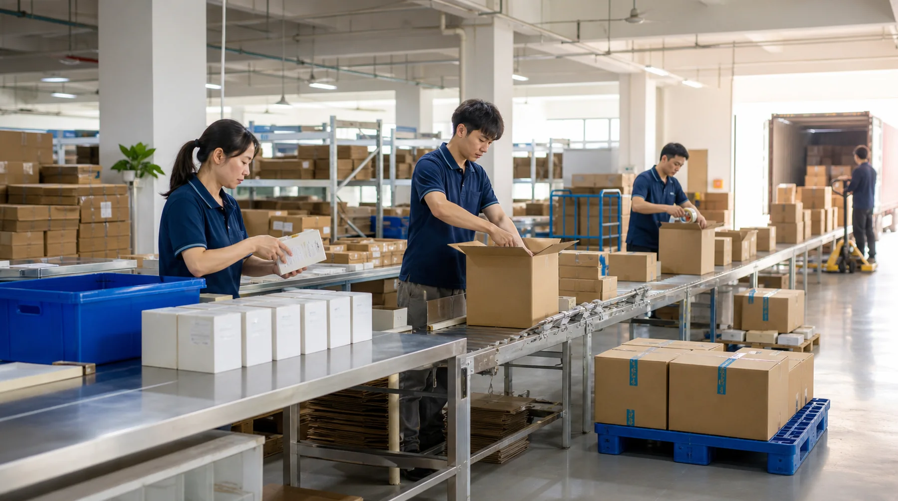 Organized packing line checking retail boxes and loading them into export cartons