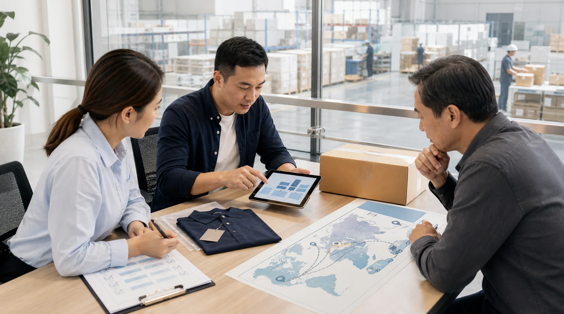 Sourcing team coordinating product, inspection and dispatch around a bright operations table
