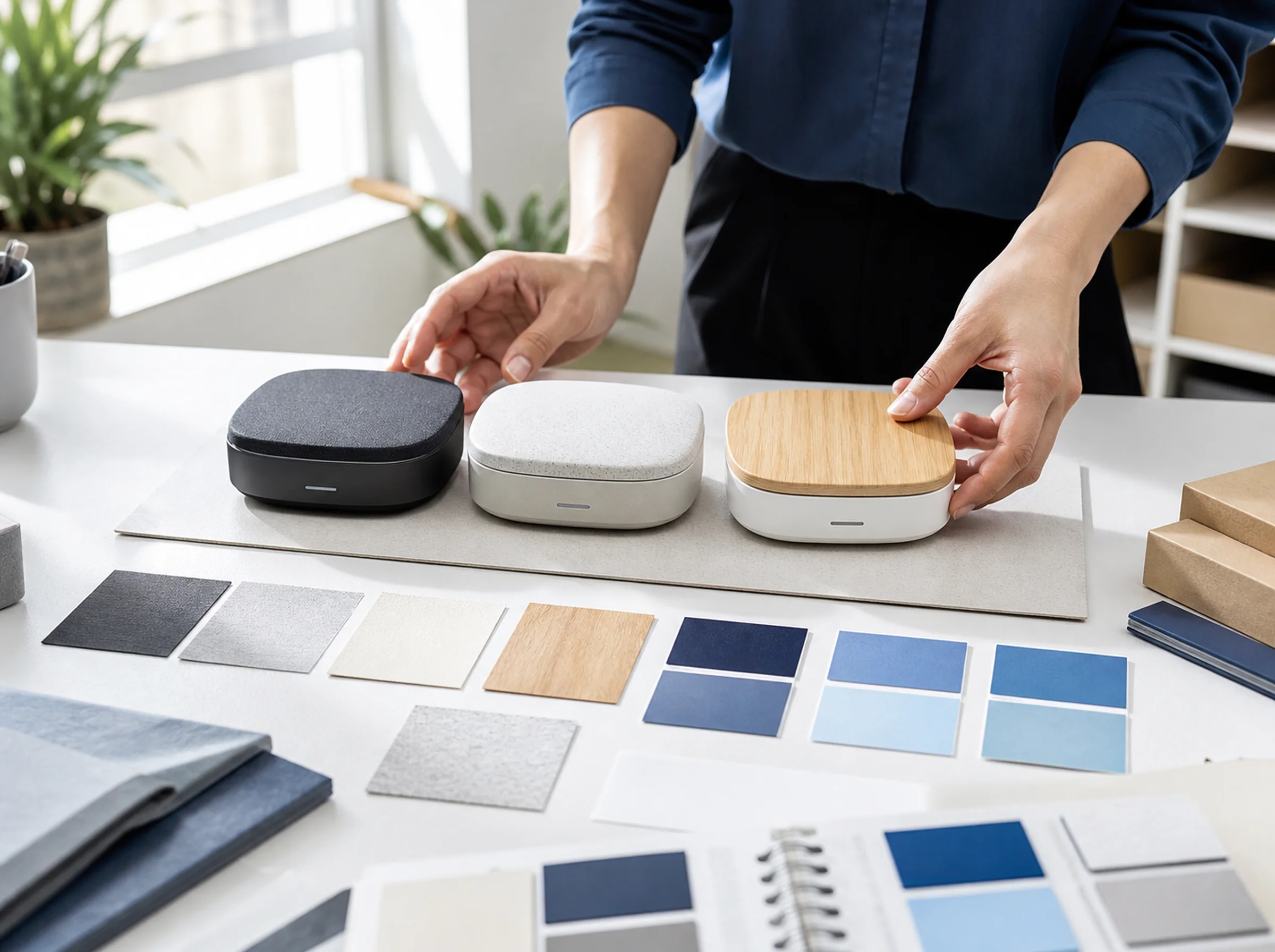 Three versions of one compact product arranged with color and material swatches