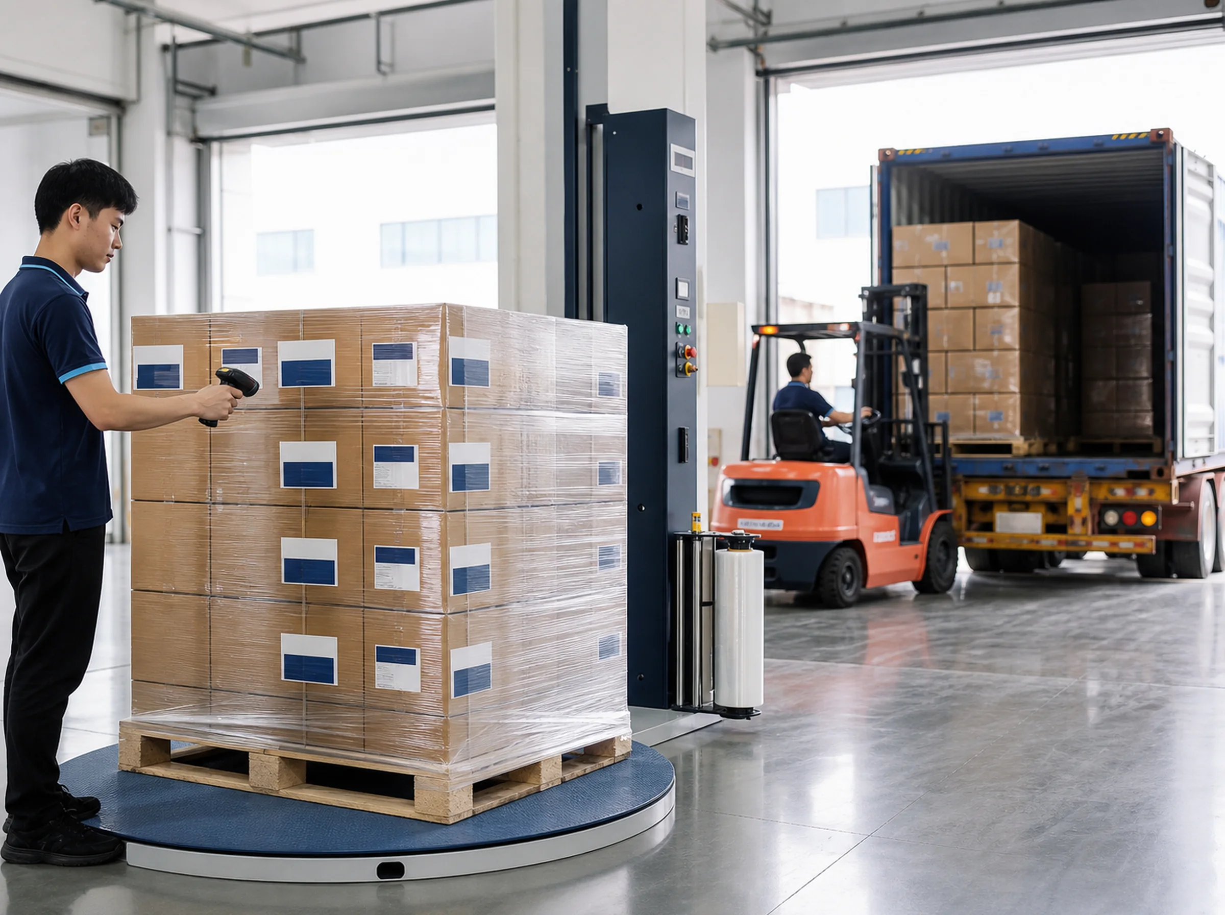 Export cartons on clean pallets being scanned and prepared beside an open container