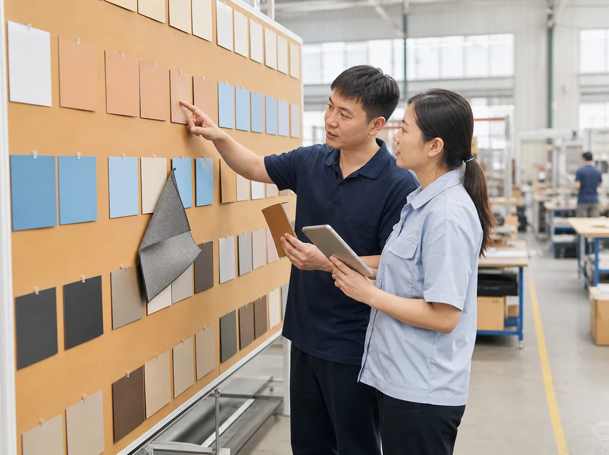 Two specialists reviewing production progress on a visual planning board beside a sample