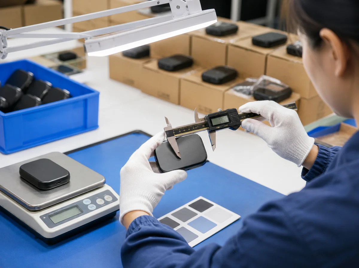 Gloved inspector checking a compact product with a caliper, scale and finish reference