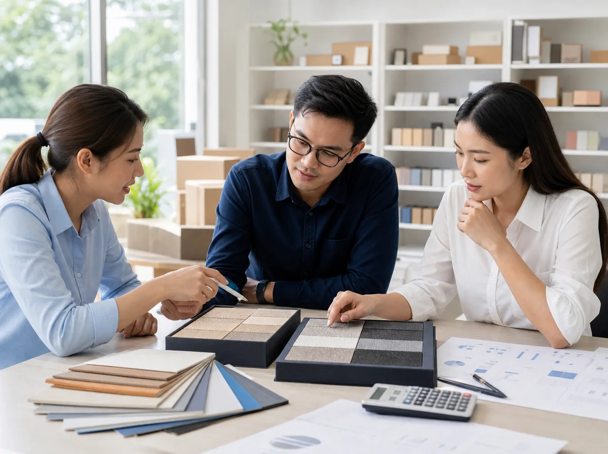 Three professionals comparing product samples, material options and quotations at a bright table