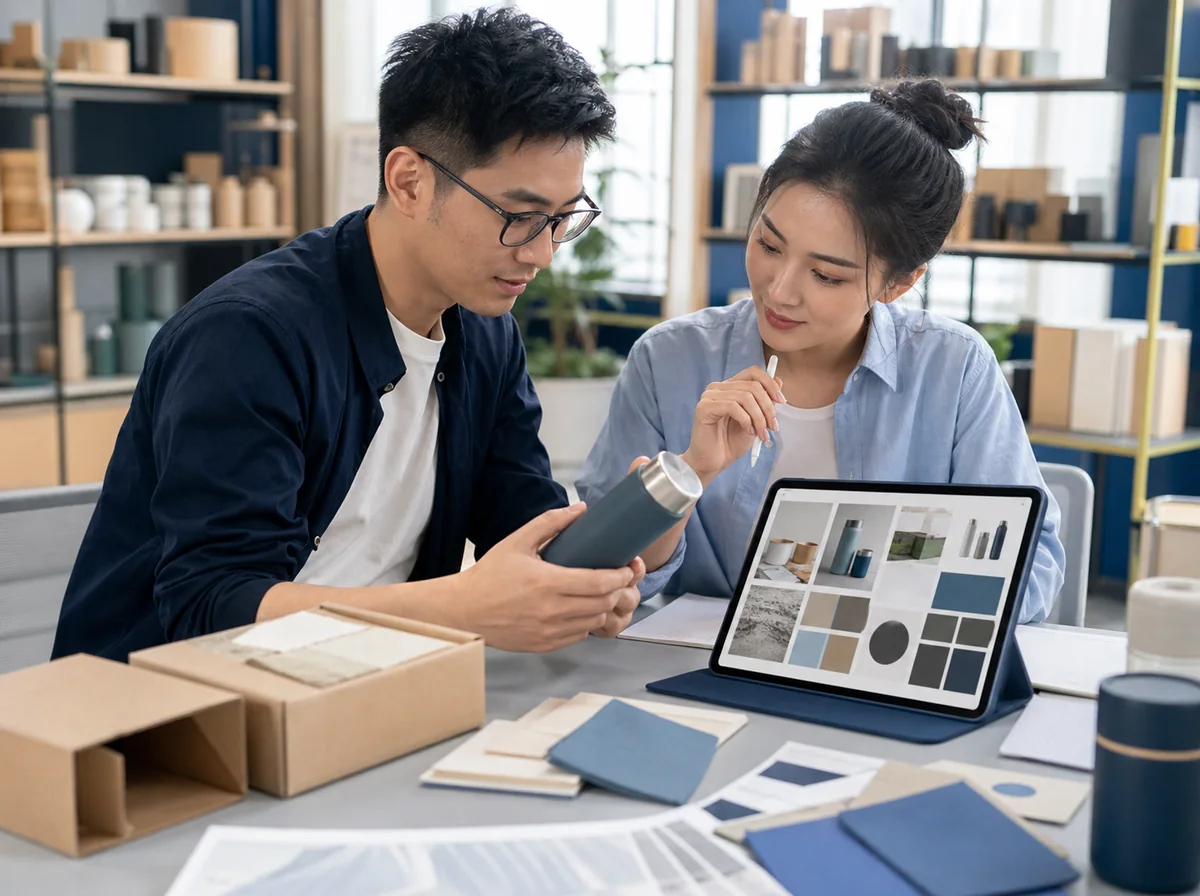 Two sourcing specialists comparing a physical sample with supplier options on a tablet